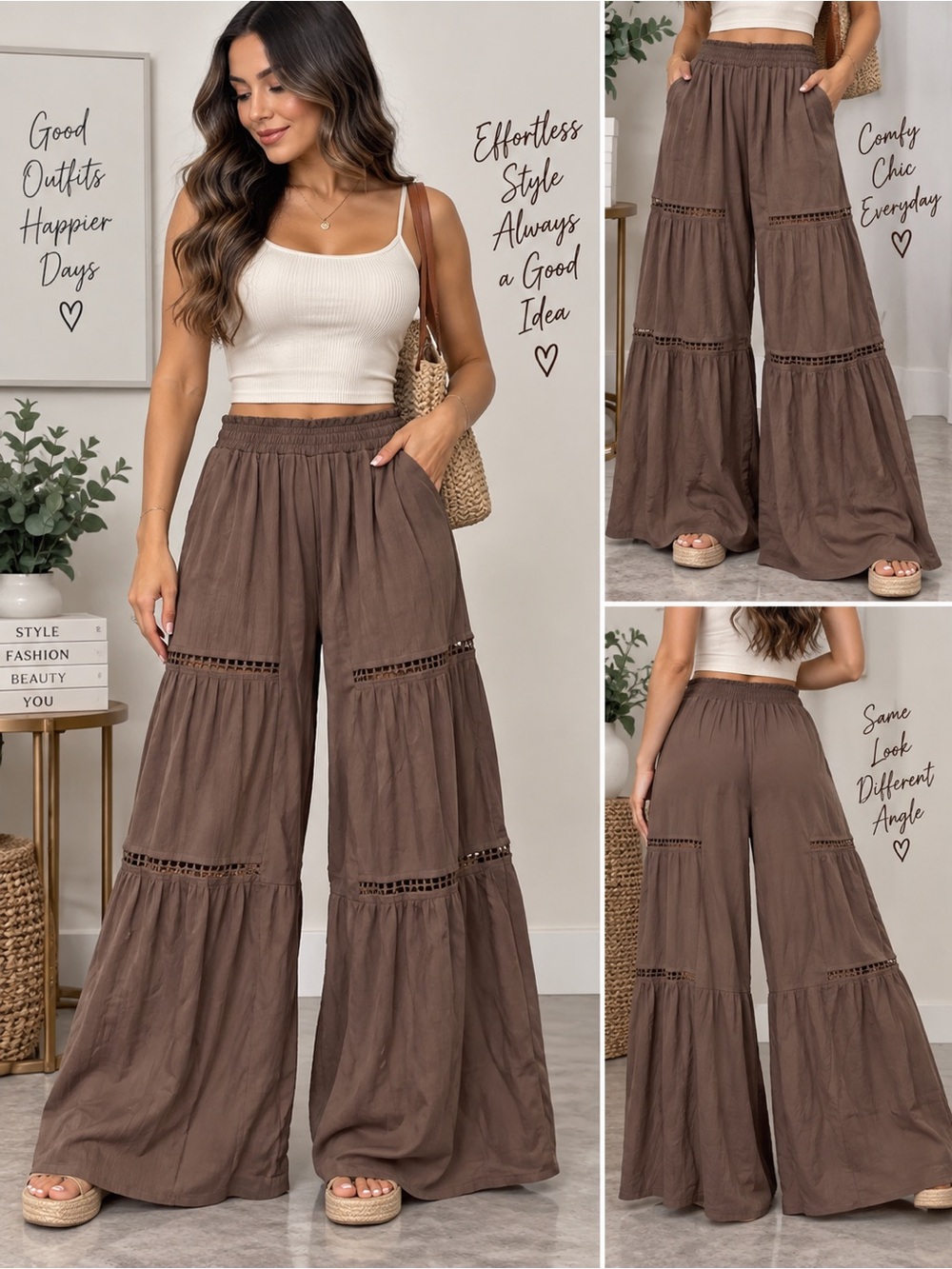 🩷. Wide Leg Tiered Palazzo Pants in Brown